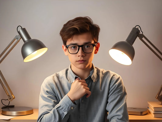Étudiant au milieu de lampes de bureau
