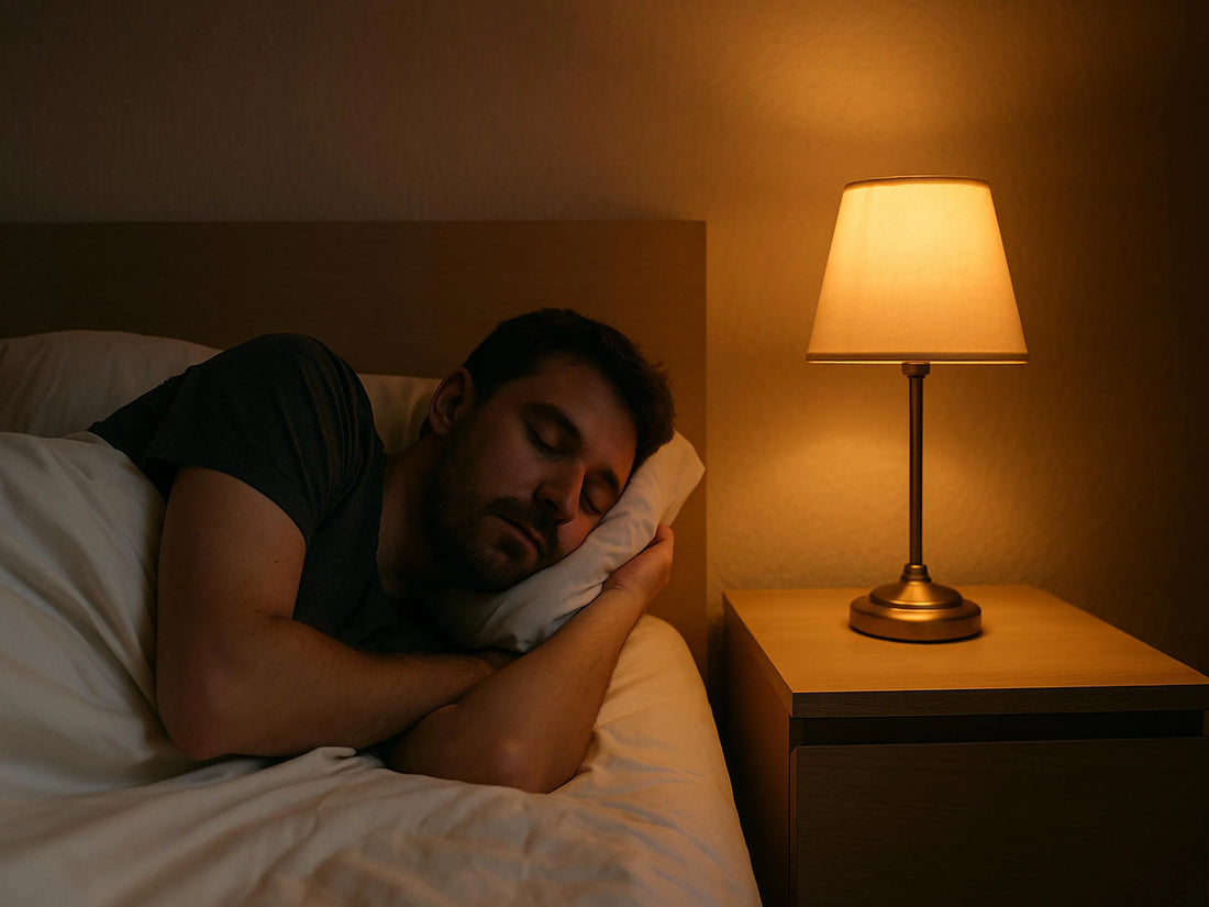Lampe de chevet à côté d'un homme endormi