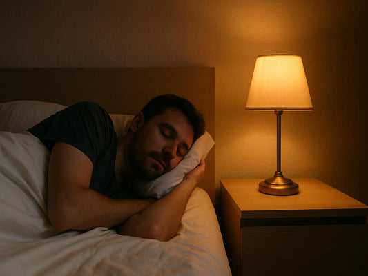 Lampe de chevet à côté d'un homme endormi