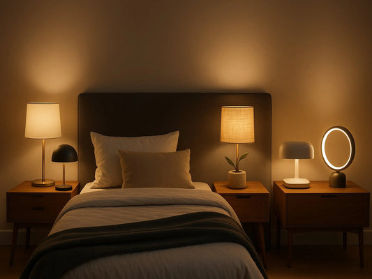 Lampes de chevet design allumées dans une chambre