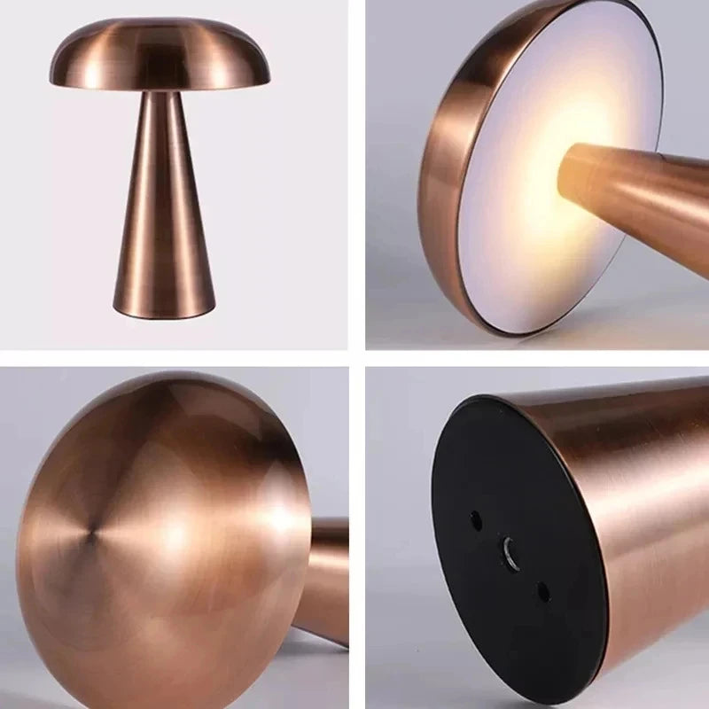 Présentation d'une lampe champignon sans fil de couleur bronze