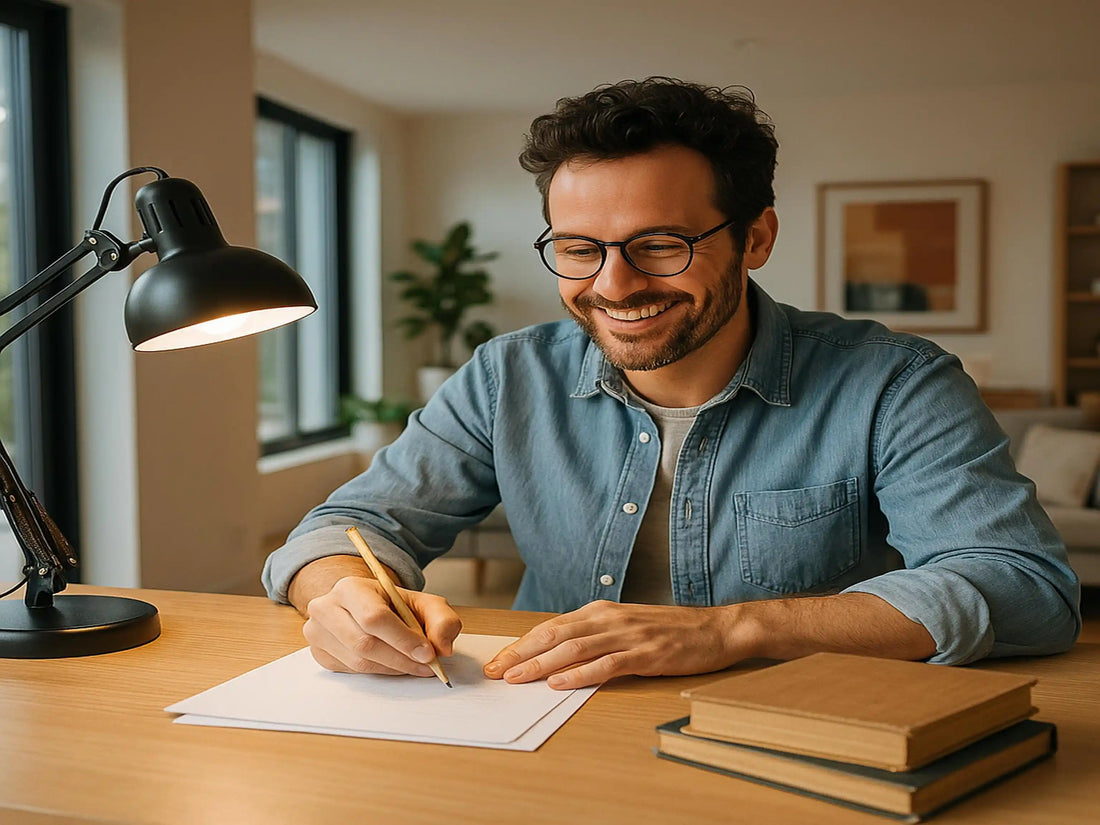Écrivain heureux qui travaille avec une lampe de bureau