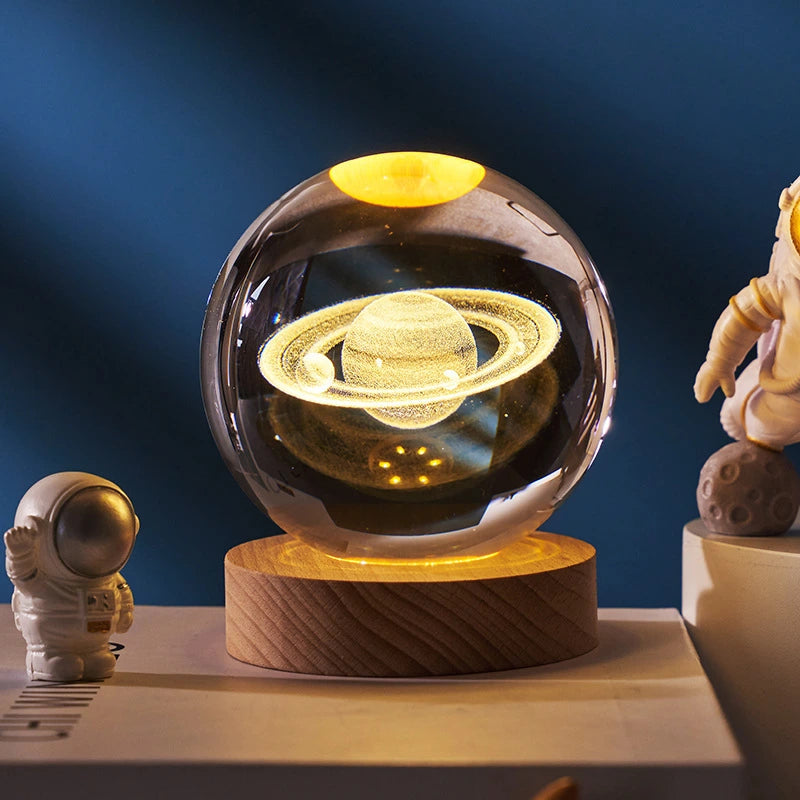Veilleuse boule de cristal 3D avec planète Saturne