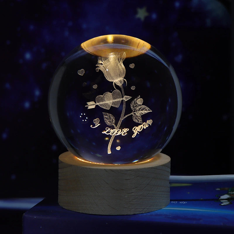Veilleuse boule de cristal 3D avec rose